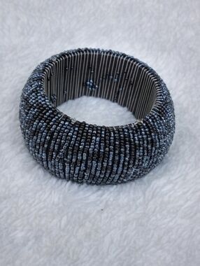 Vintage Beaded Cuff Bracelet Blue Black Gunmetal Shimmer Wide Statement Bracelet